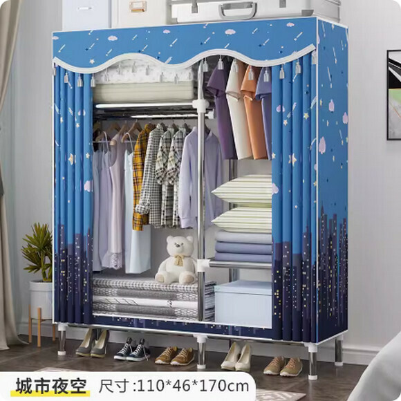 New simple wardrobe home bedroom cabinet assembly cloth wardrobe simple storage steel pipe (2 rows [length 110cm] city night sky)