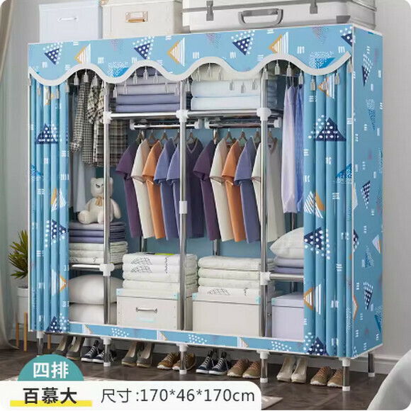 New simple wardrobe home bedroom cabinet assembly cloth wardrobe simple storage steel pipe (4 rows [length 170cm] Bermuda)