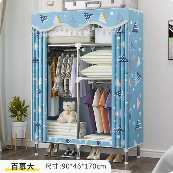 New simple wardrobe home bedroom cabinet assembly cloth wardrobe simple storage steel pipe (2 rows [length 90cm] Bermuda)