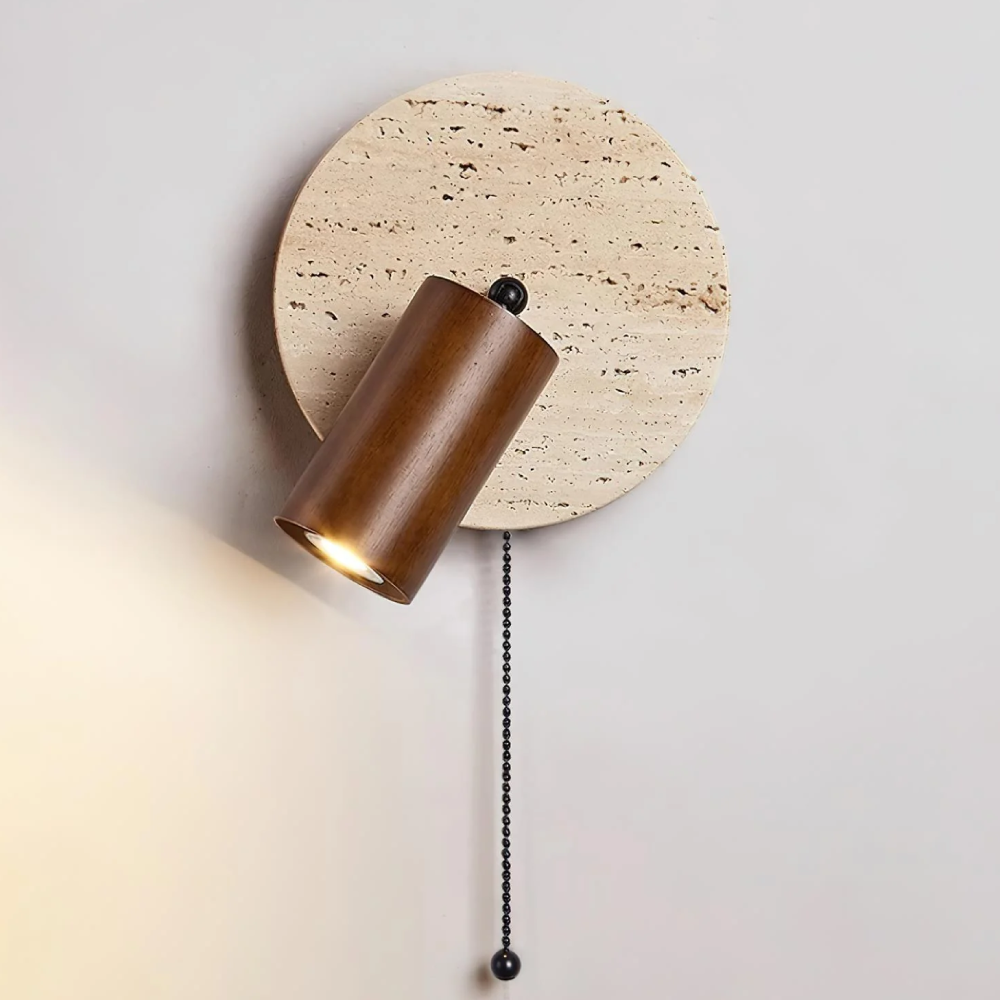 好萩家居|Kika壁燈,片狀天然洞石設計,與木質燈罩做搭配。
