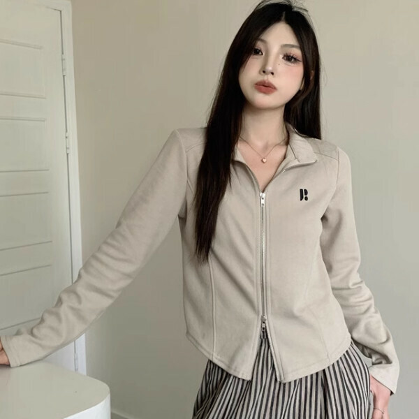 Hot selling double zipper stand collar long sleeve jacket (one size fits all) (milk tea color)
