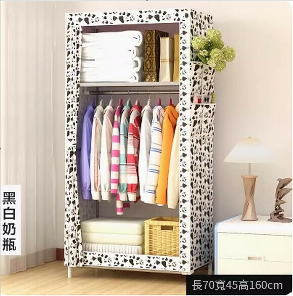 New simple wardrobe for rent, small hanging wardrobe for dormitory, home bedroom cloth wardrobe (single row of black and white milk bottles - side-drawn curtain model)