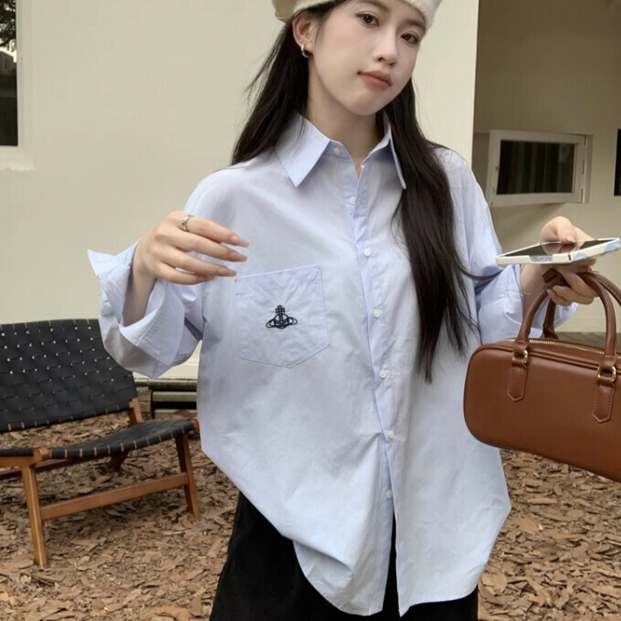 Hot Selling Embroidered Pocket Button Long Sleeve Shirt (One Size Fits All) (Blue)
