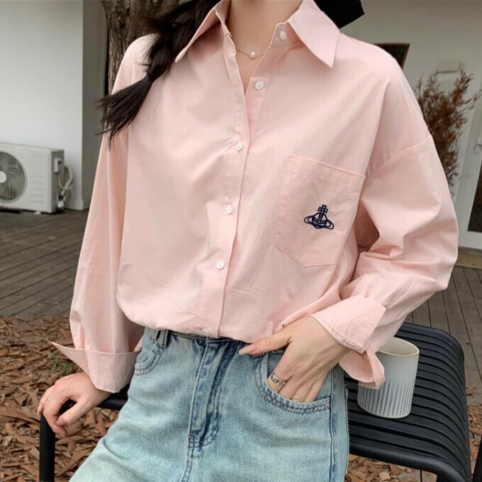 Hot Selling Embroidered Pocket Button Long Sleeve Shirt (One Size Fits All) (Pink)
