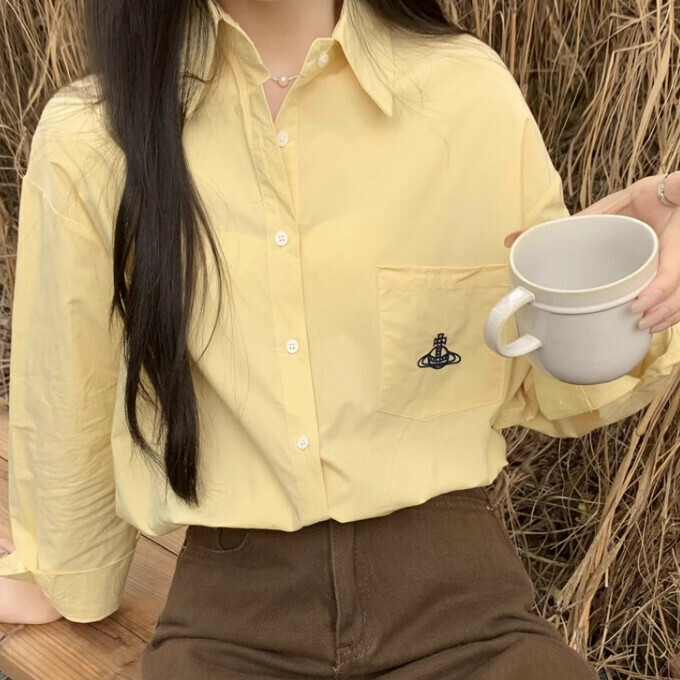 Hot Selling Embroidered Pocket Button Long Sleeve Shirt (One Size Fits All) (Yellow)