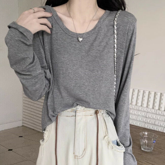 Hot Selling Round Neck Long Sleeve T-Shirt (One Size) (Light Gray)