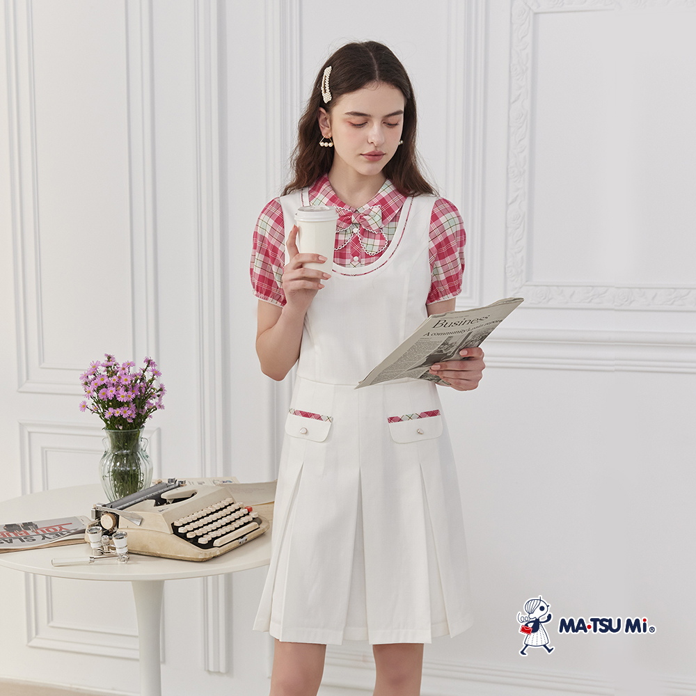 MA‧TSU Mi 假兩件格紋學院風百褶短洋裝(深藍.白)