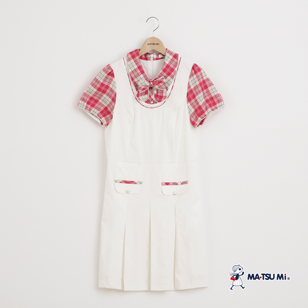 MA‧TSU Mi 假兩件格紋學院風百褶短洋裝(深藍.白)