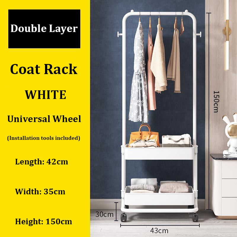 Hot Recommendation [Special Offer] Multifunctional Coat Rack Double-layer Storage Cabinet Mobile Wardrobe (White)