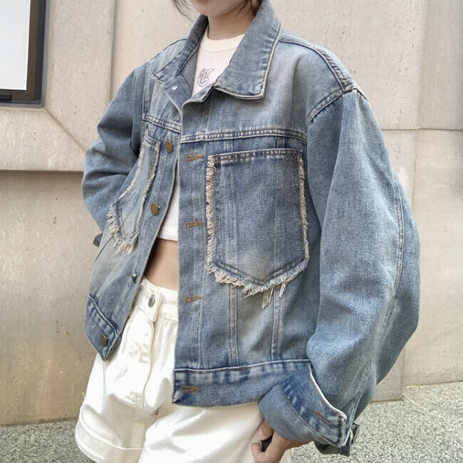 Hot selling denim short jacket (S-XL size) (blue) (contact customer service after placing the order to confirm the delivery size)