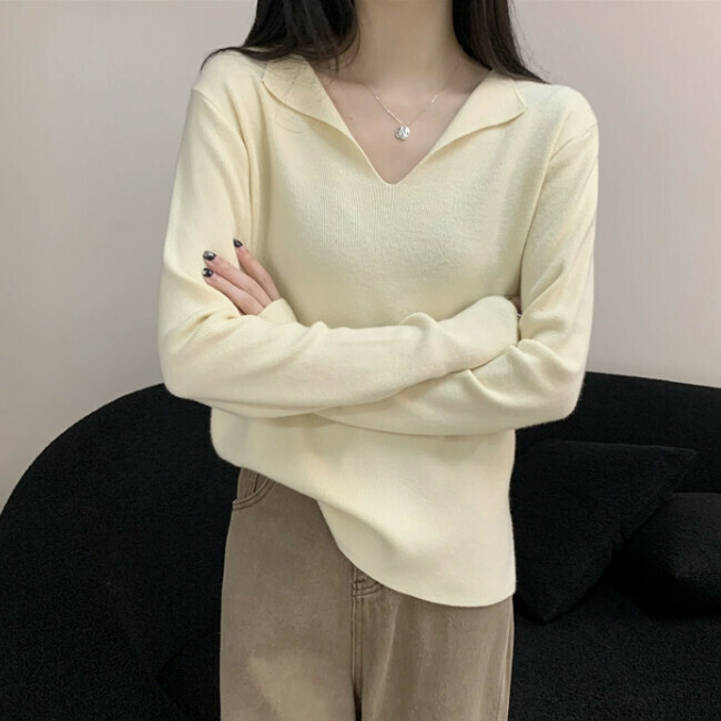 Hot Selling Long Sleeve V-neck Sweater (One Size) (Apricot)