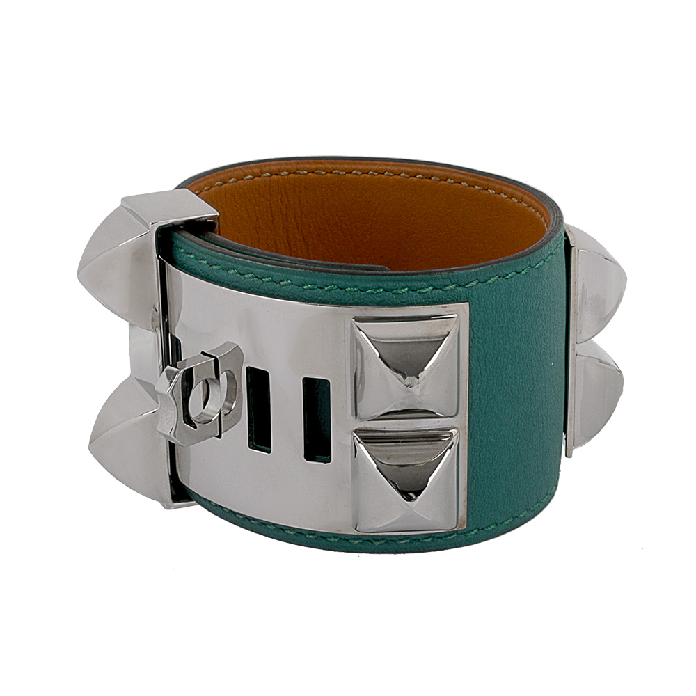 【HERMES】SWIFT皮 鉚釘銀釦CDC手環 (S)(藍綠色) HE44000071
