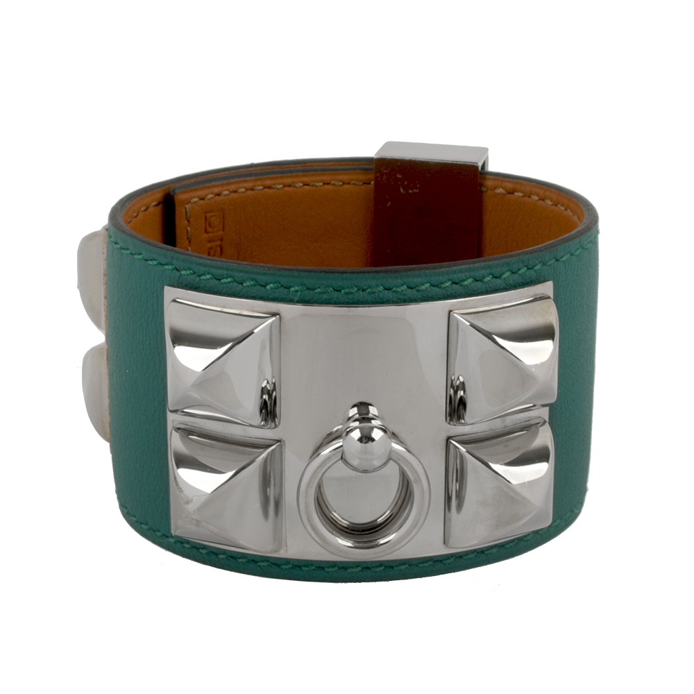 【HERMES】SWIFT皮 鉚釘銀釦CDC手環 (S)(藍綠色) HE44000071