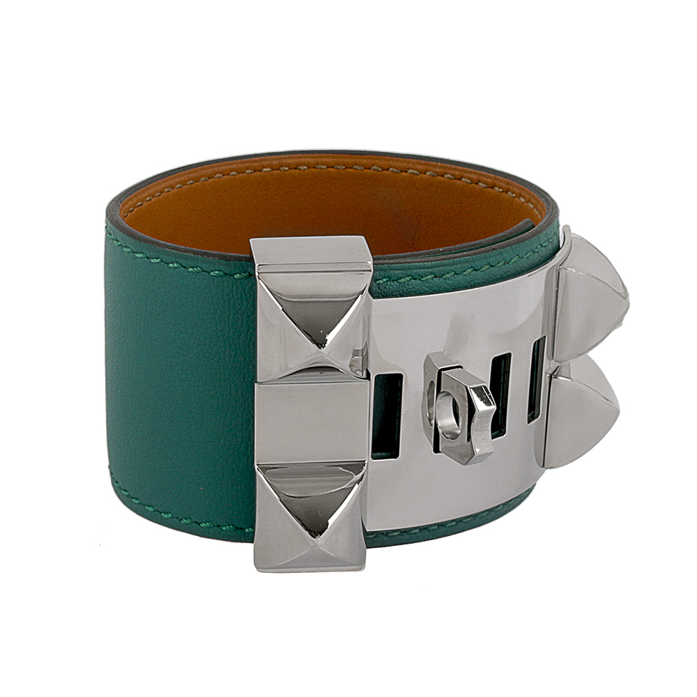 【HERMES】SWIFT皮 鉚釘銀釦CDC手環 (S)(藍綠色) HE44000071