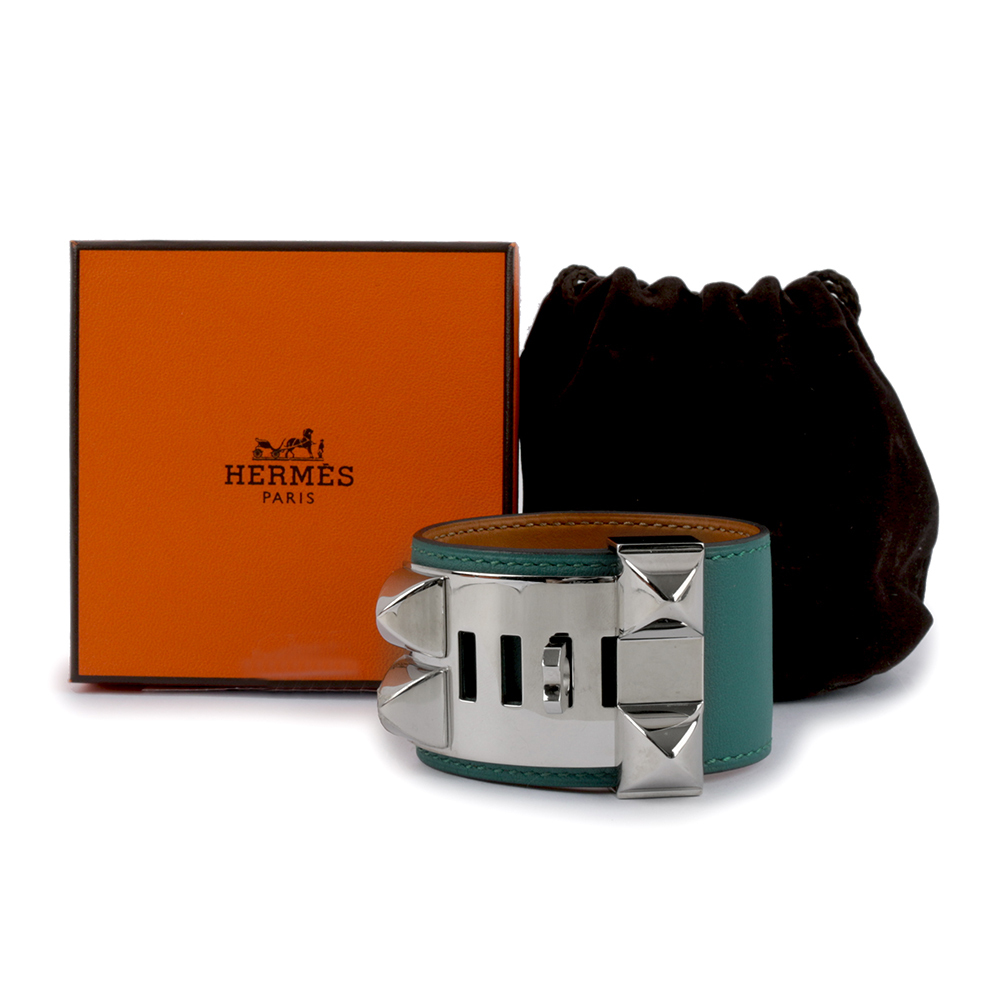 【HERMES】SWIFT皮 鉚釘銀釦CDC手環 (S)(藍綠色) HE44000071
