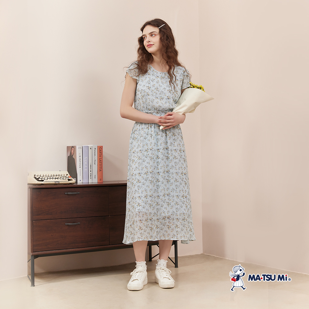 MA‧TSU Mi 優雅碎花荷葉感雪紡長洋裝(水藍.黑)
