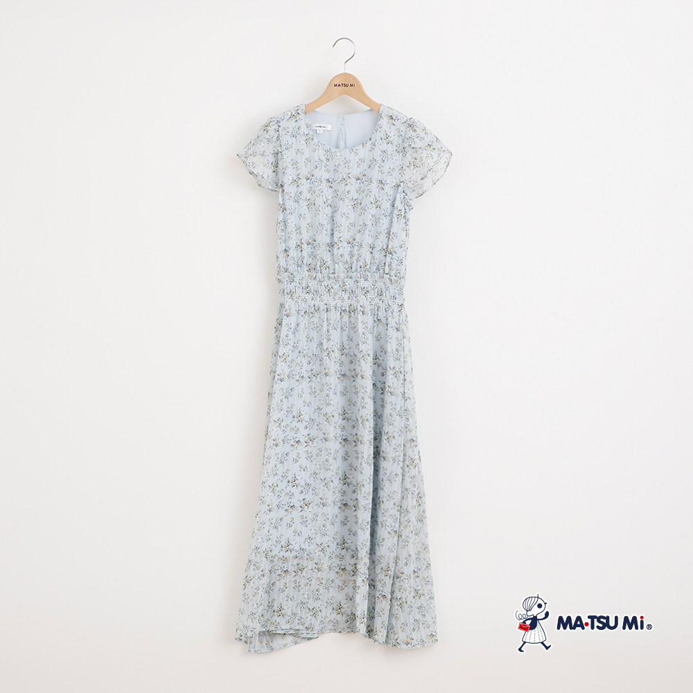 MA‧TSU Mi 優雅碎花荷葉感雪紡長洋裝(水藍.黑)