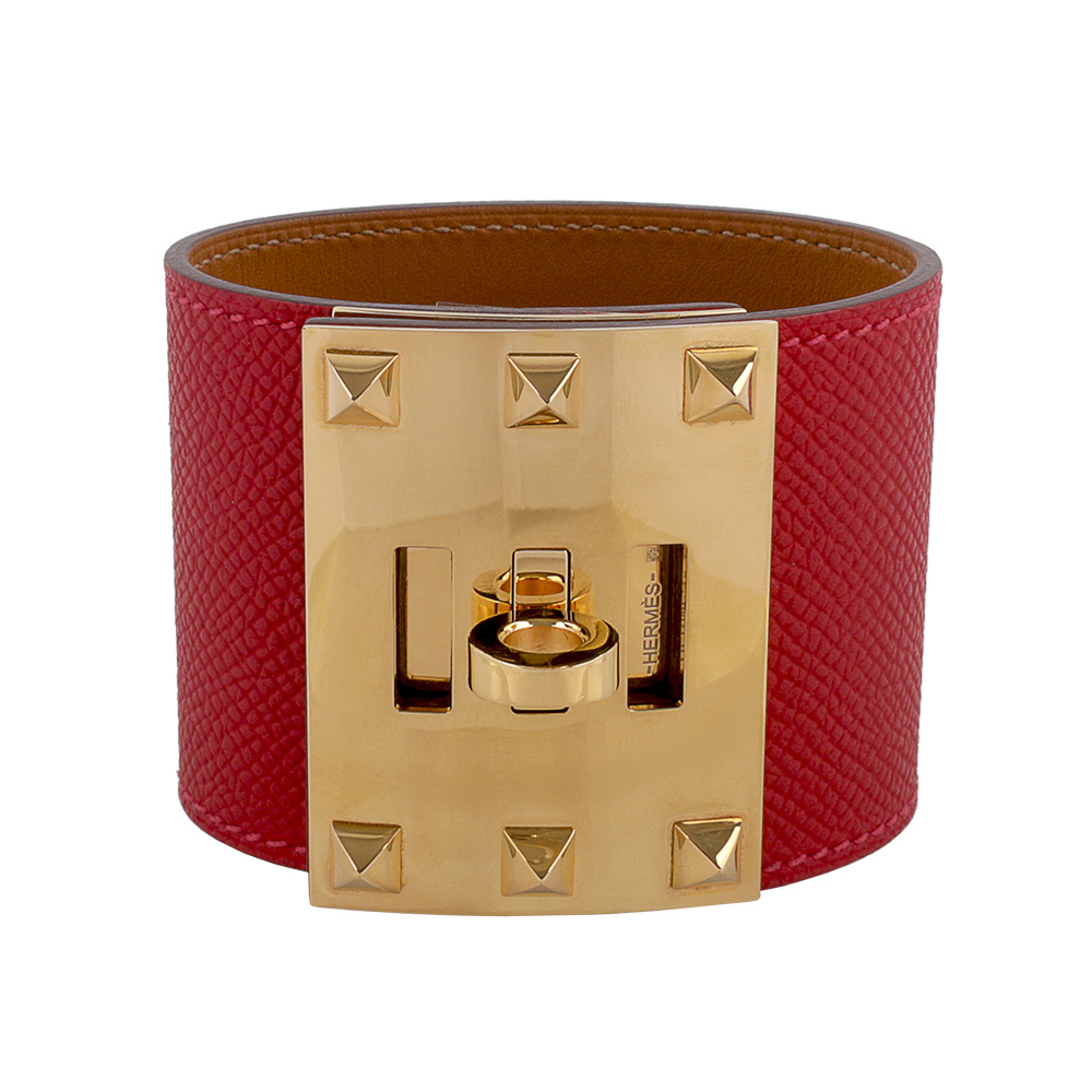 【HERMES】EPSOM皮 鉚釘金釦 Kelly Dog Extreme寬版手環(紅色) HE44000072