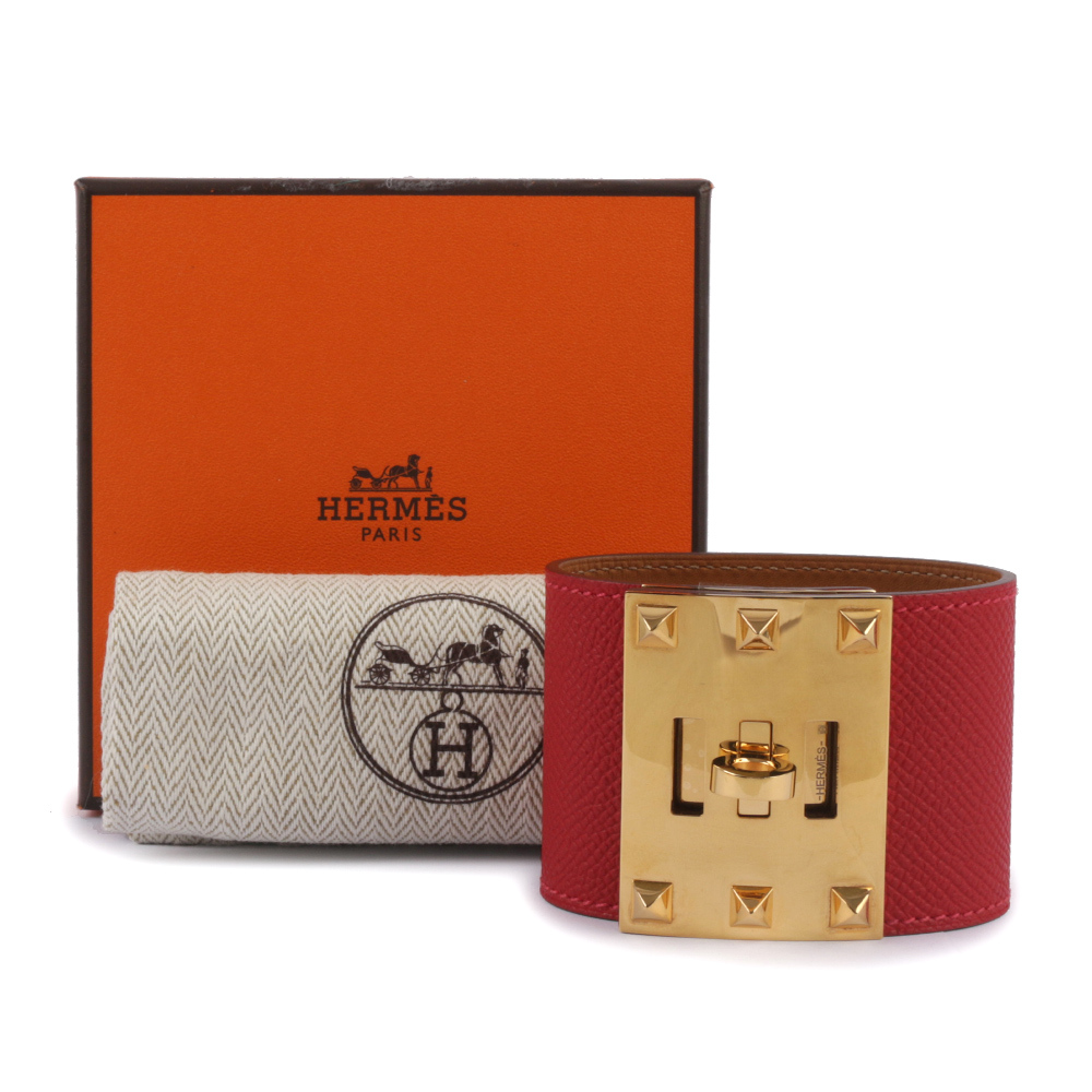 【HERMES】EPSOM皮 鉚釘金釦 Kelly Dog Extreme寬版手環(紅色) HE44000072
