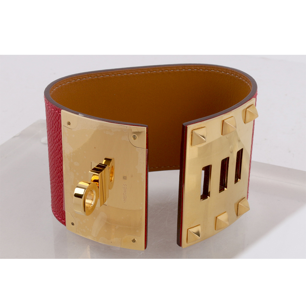 【HERMES】EPSOM皮 鉚釘金釦 Kelly Dog Extreme寬版手環(紅色) HE44000072
