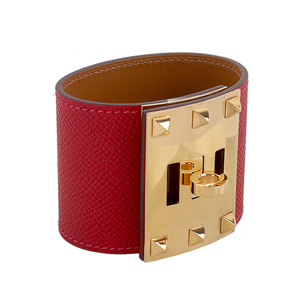 【HERMES】EPSOM皮 鉚釘金釦 Kelly Dog Extreme寬版手環(紅色) HE44000072