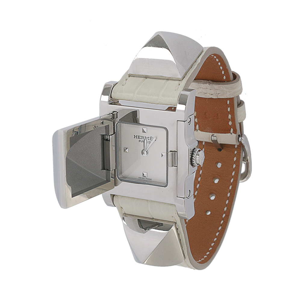 【Hermès】Medor GM 銀色鉚釘翻蓋手錶