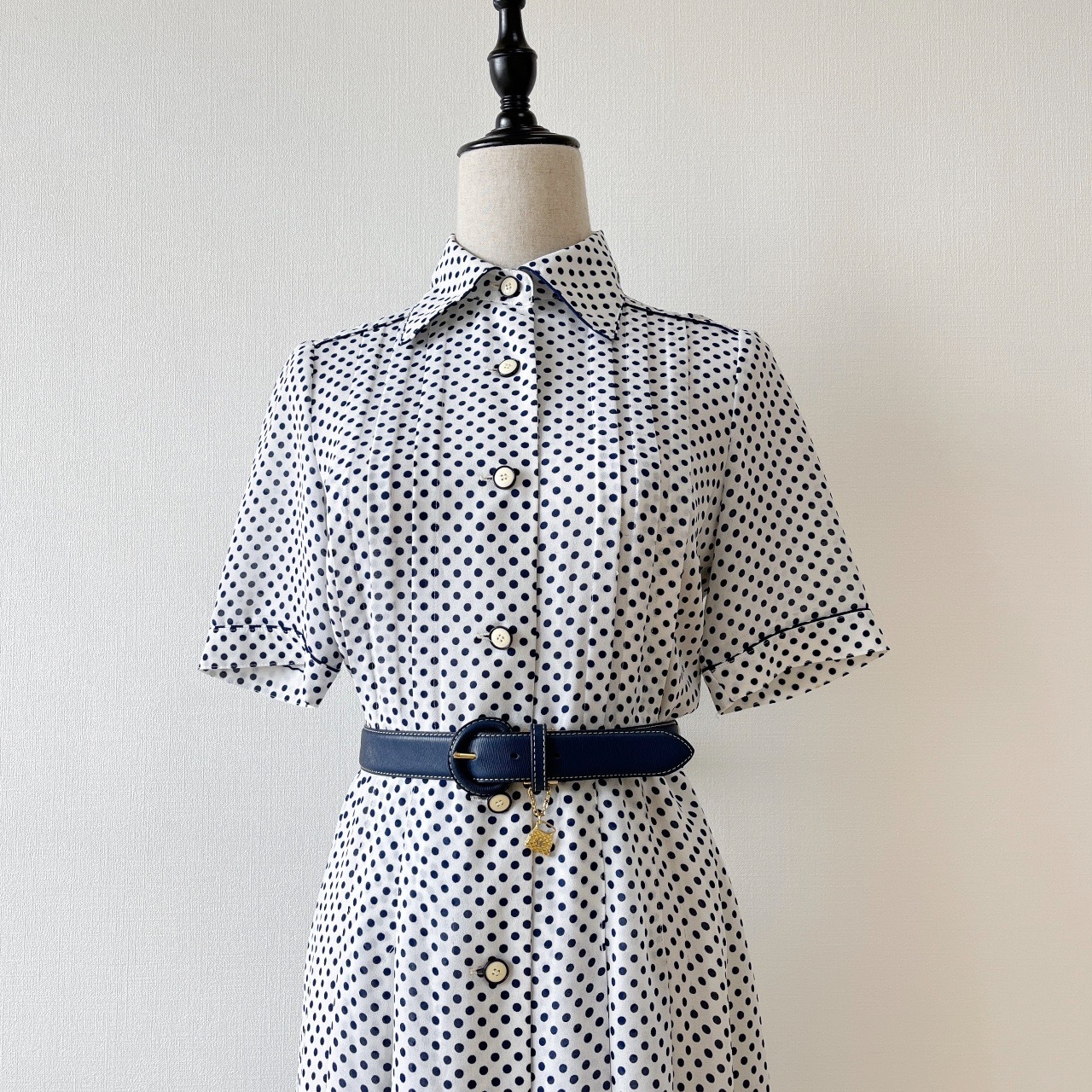 藍白波點古著連身裙連腰帶