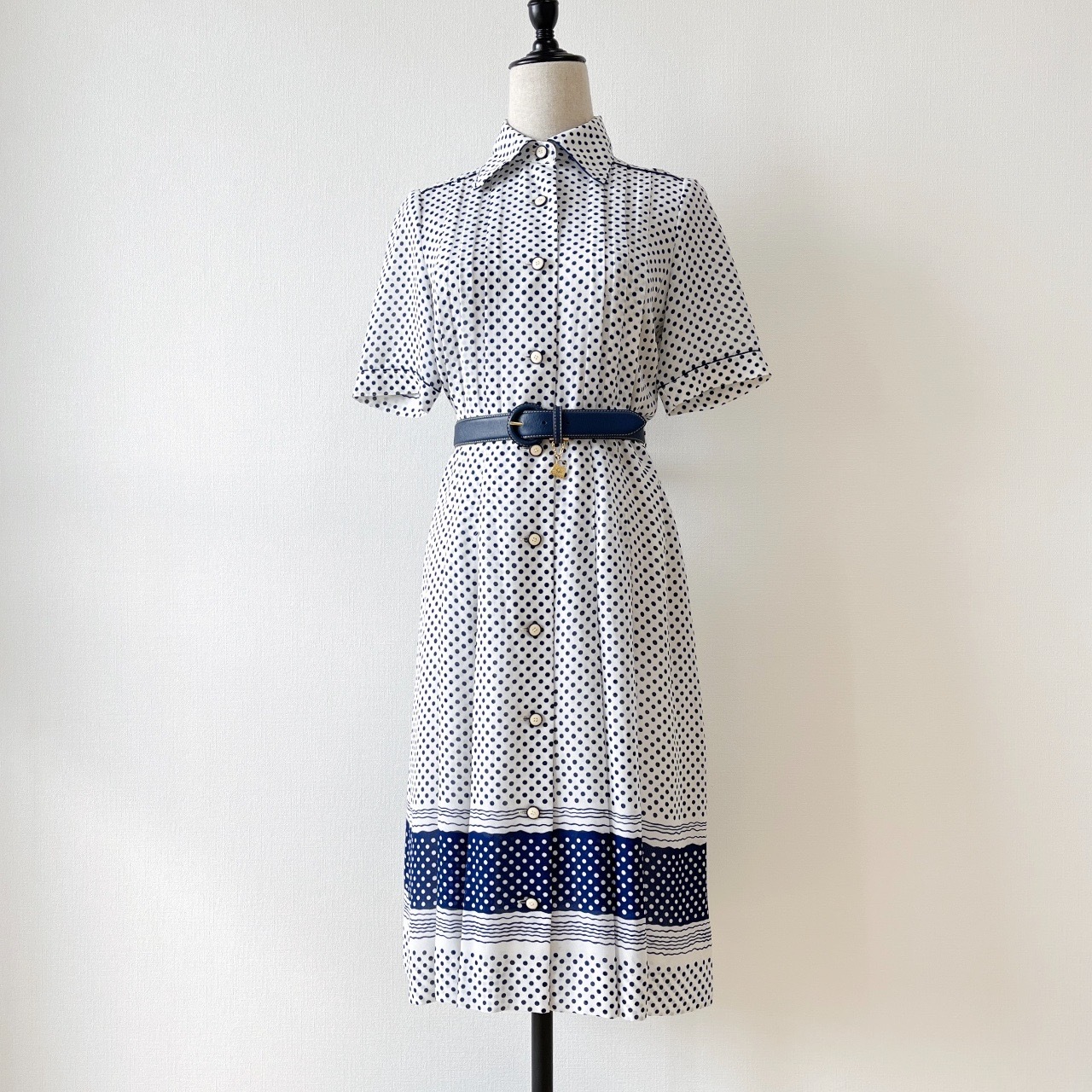 藍白波點古著連身裙連腰帶