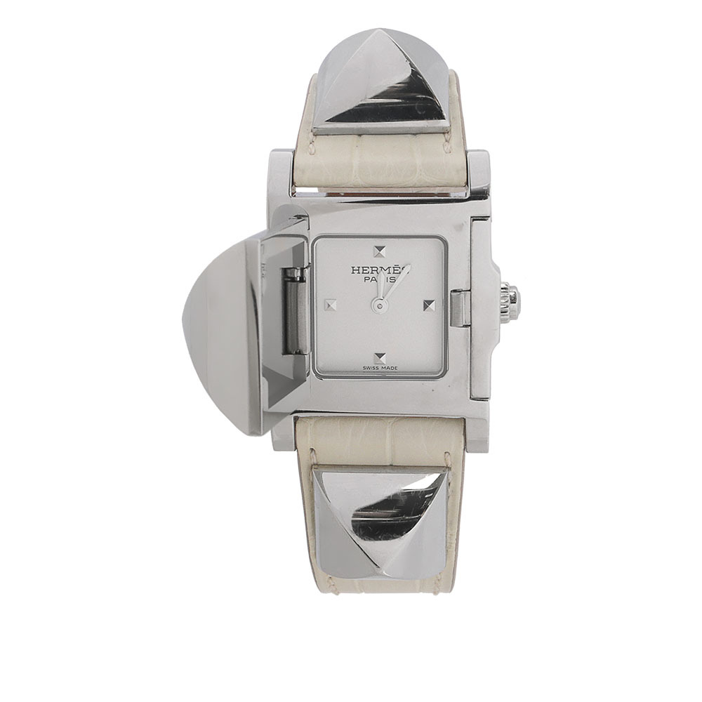 【HERMES】Medor GM 銀色鉚釘翻蓋手錶(米白色) HE79000019