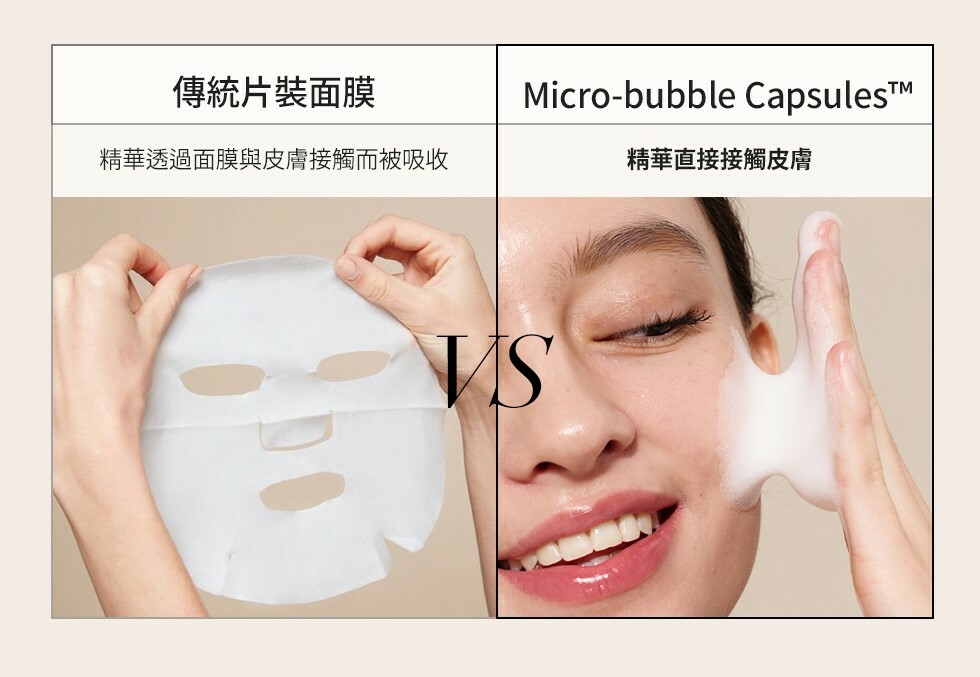 左邊是傳統片狀面膜的吸收方法,右邊是MENOKIN30秒免洗泡泡面膜的吸收方法,精華會直接接觸皮膚