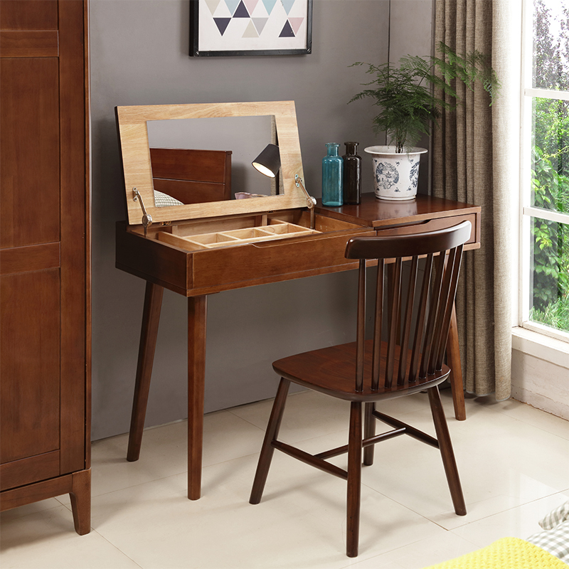 Hotly recommended solid wood dressing table, cosmetic storage box, computer desk, desk 120x75x45cm (walnut color) + chair set