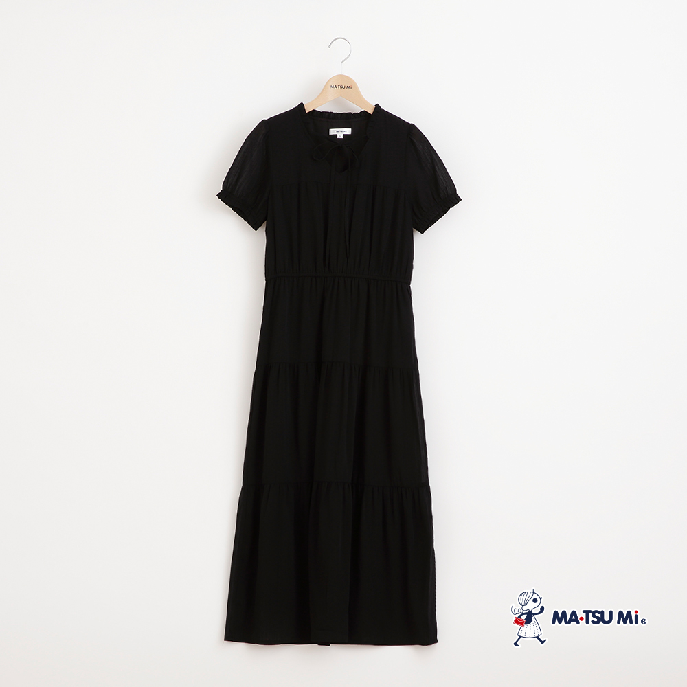 MA‧TSU Mi 雪紡褶皺綁帶領結蛋糕裙洋裝(水藍.黑)