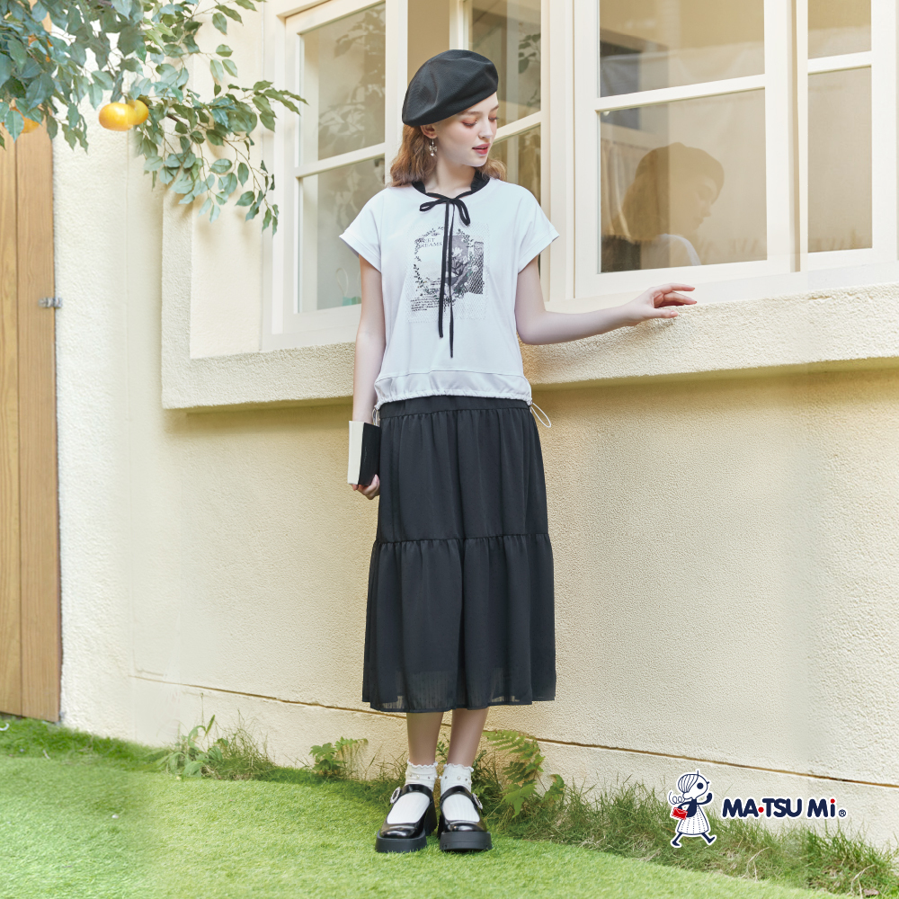 MA‧TSU Mi 雪紡褶皺綁帶領結蛋糕裙洋裝(水藍.黑)