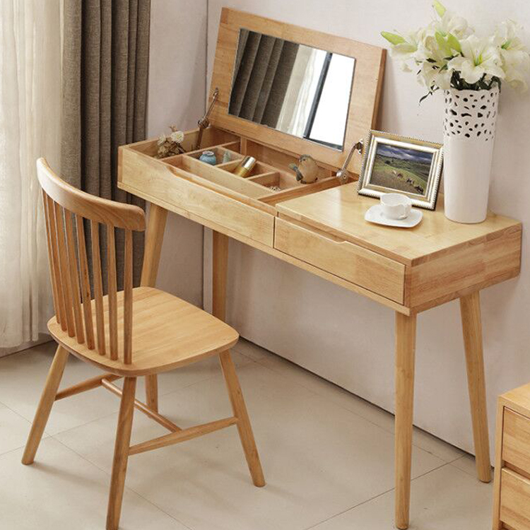 Hotly recommended solid wood dressing table, cosmetic storage box, computer desk, desk 100x75x45cm (log color) + chair set