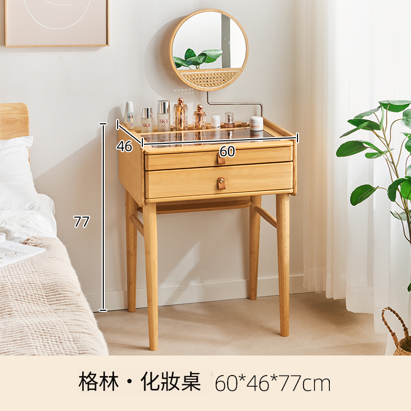 Popular Japanese solid wood furniture with mirror makeup table, log style desk, bedside table [table + mirror]
