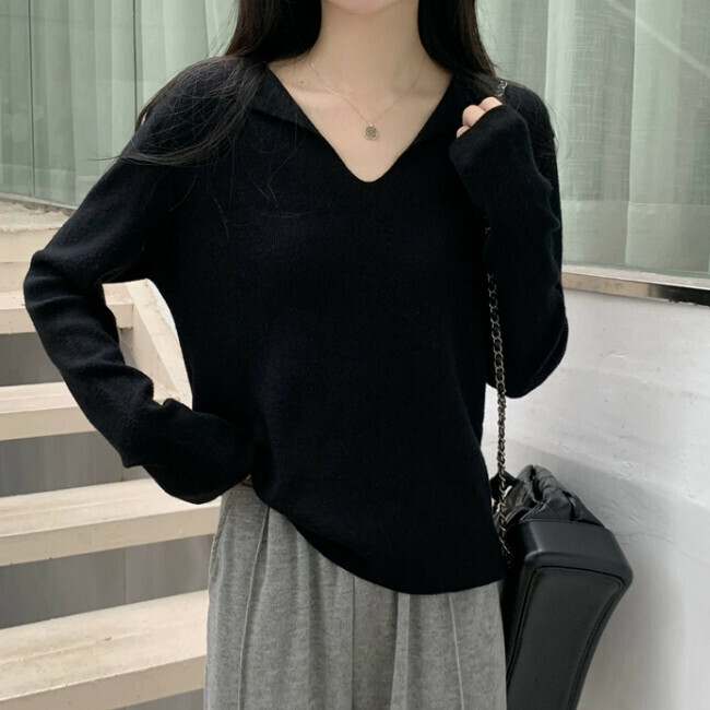Hot Selling Long Sleeve V-Neck Sweater (One Size) (Black)