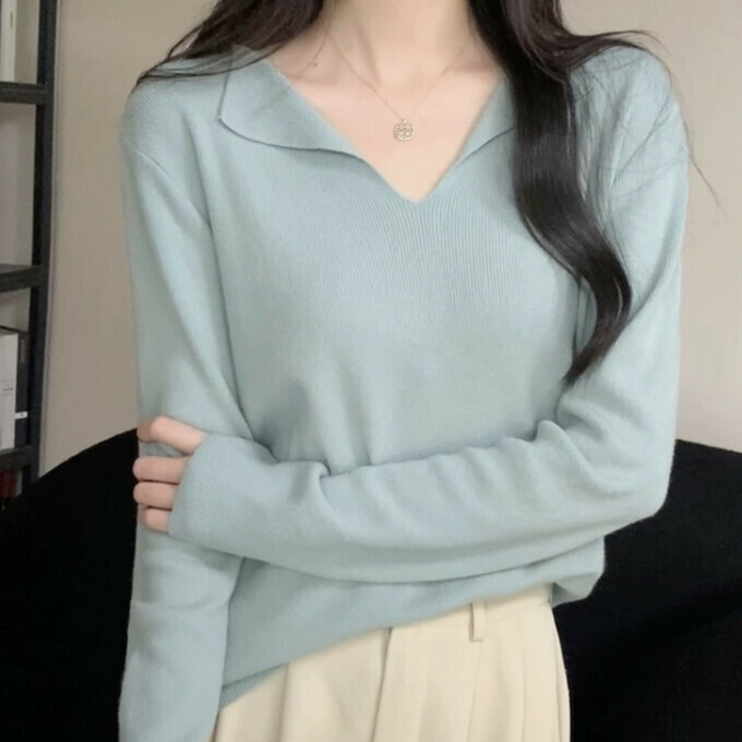 Hot Selling Long Sleeve V Neck Sweater (One Size) (Blue)