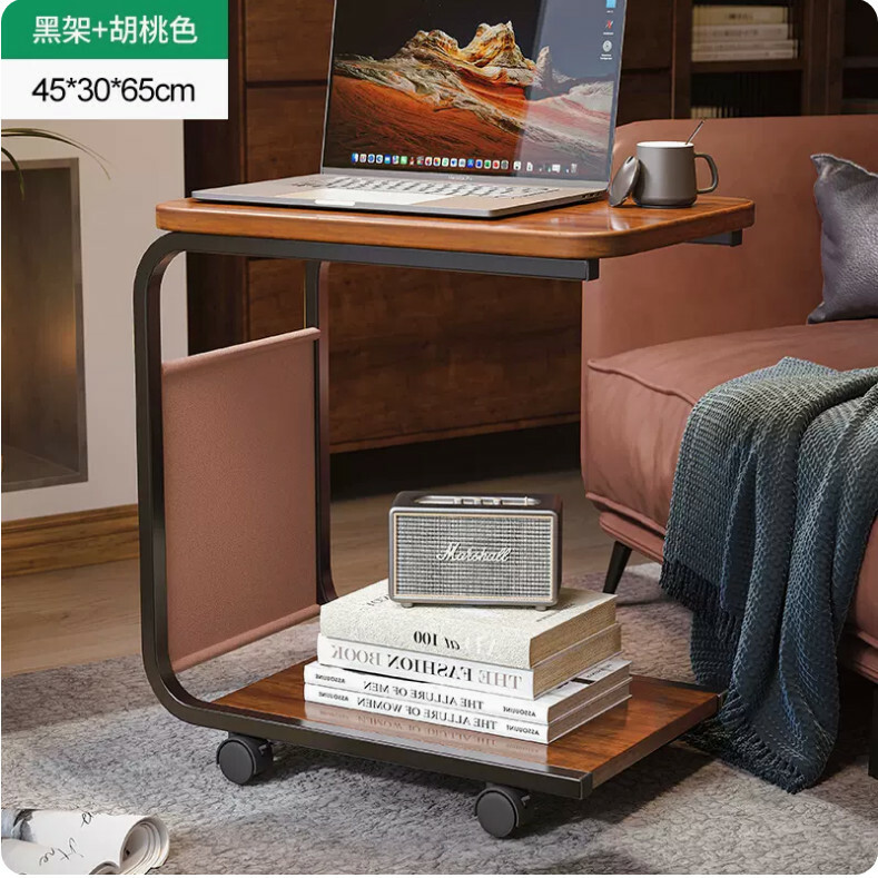 爆款平價簡約傢具 床頭櫃 小茶几 移動迷你桌【黑架+胡桃色+4輪】45x30x65cm