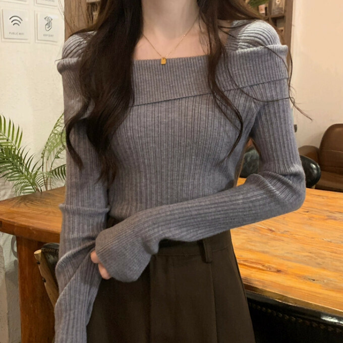 Hot Selling Boat Collar Bottoming Sweater (One Size) (Gray)