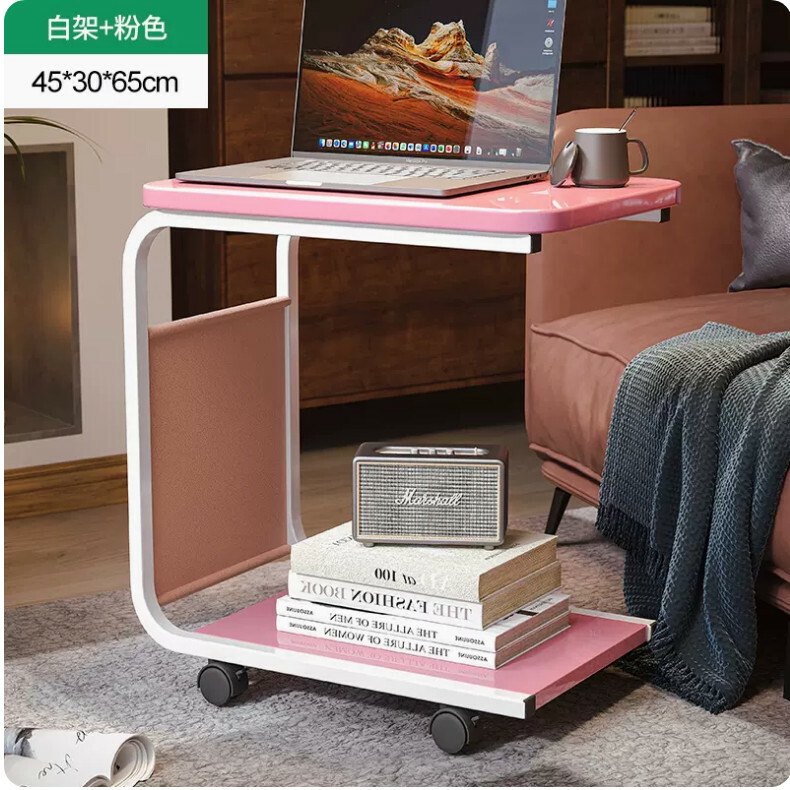 爆款平價簡約傢具 床頭櫃 小茶几 移動迷你桌【白架+粉色+4輪】45x30x65cm