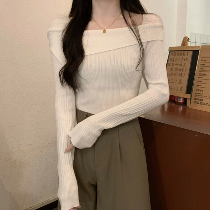 Hot Selling Boat Collar Bottoming Sweater (One Size) (Apricot)