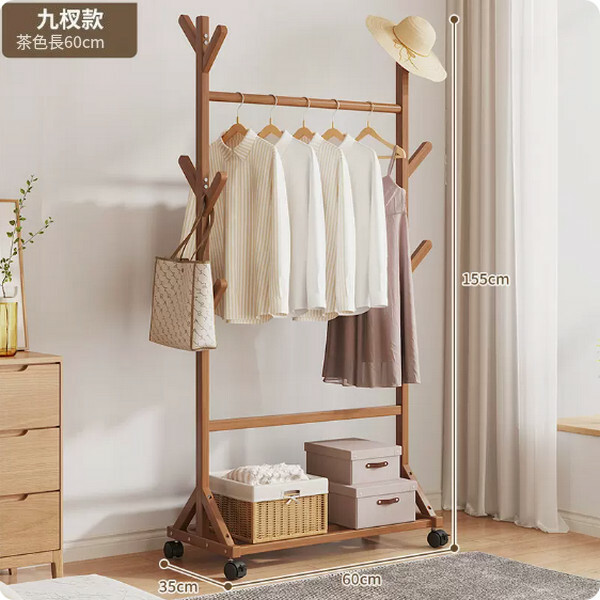 New bamboo solid wood furniture, coat rack, wardrobe, shelf [9-tree fork model] 60cm brown
