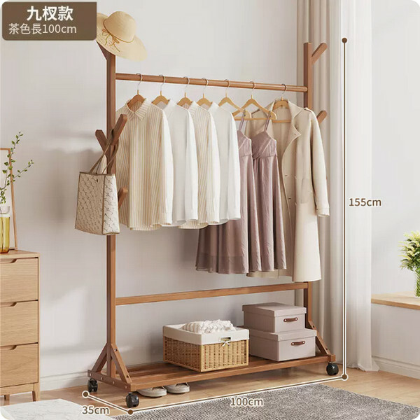 New bamboo solid wood furniture, coat rack, wardrobe, shelf [9-tree fork model] 100cm brown