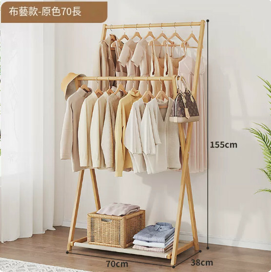 New bamboo solid wood furniture, coat rack, clothes hanger, folding hanging wardrobe [70cm fabric style] original color