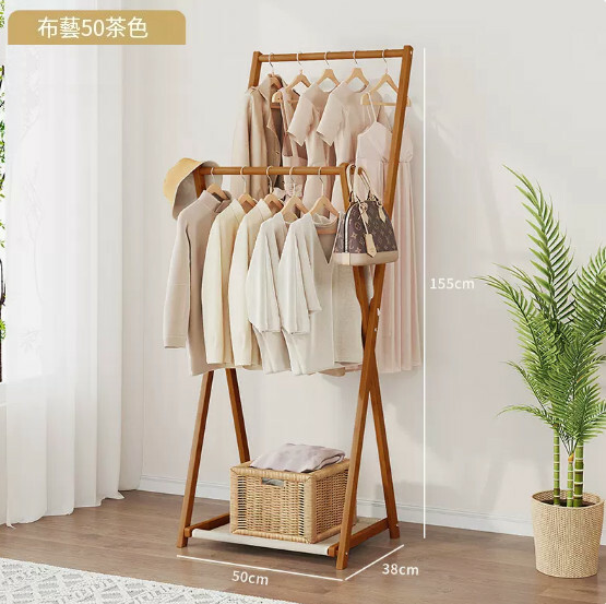 New bamboo solid wood furniture, coat rack, clothes hanger, folding hanging wardrobe [50cm fabric style] brown