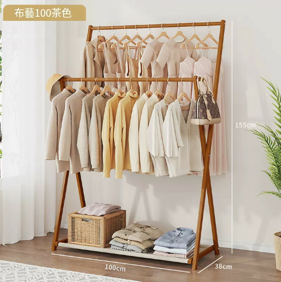 New bamboo solid wood furniture, coat rack, coat rack, folding hanging wardrobe [100cm fabric style] brown
