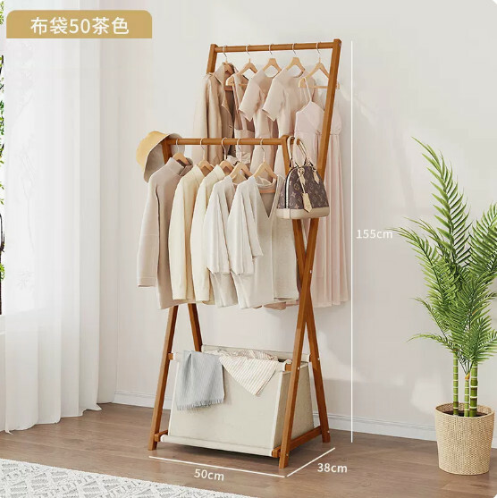 New bamboo solid wood furniture, coat rack, clothes hanger, folding hanging wardrobe [50cm bag style] brown