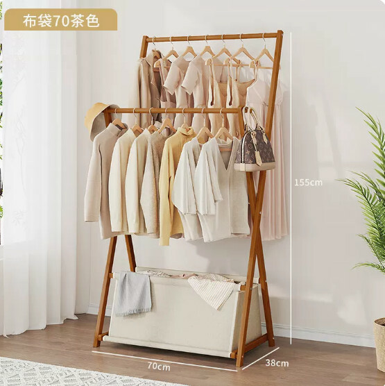New bamboo solid wood furniture, coat rack, clothes hanger, folding hanging wardrobe [70cm bag style] brown