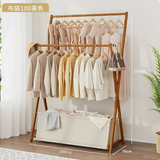 New bamboo solid wood furniture, coat rack, clothes hanger, folding hanging wardrobe [100cm bag style] brown