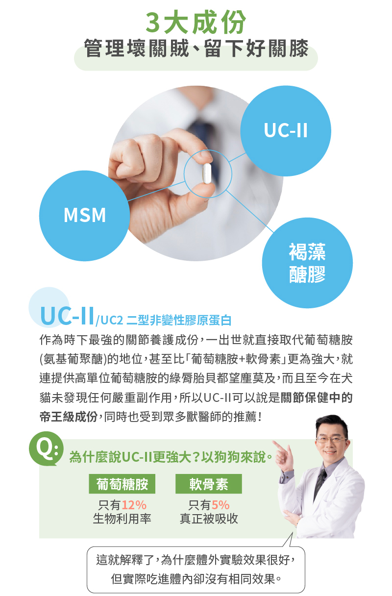 三大成分：UC-II、MSM、褐澡醣膠